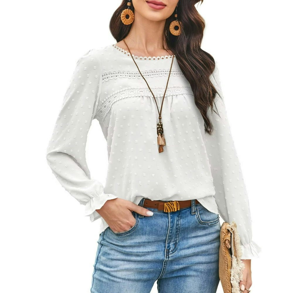Corabera Women's White Long Sleeve Crew Neck Chiffon Blouse: $13.99 Corabera Women's White Long Sleeve Crew Neck Chiffon Blouse: $13.99