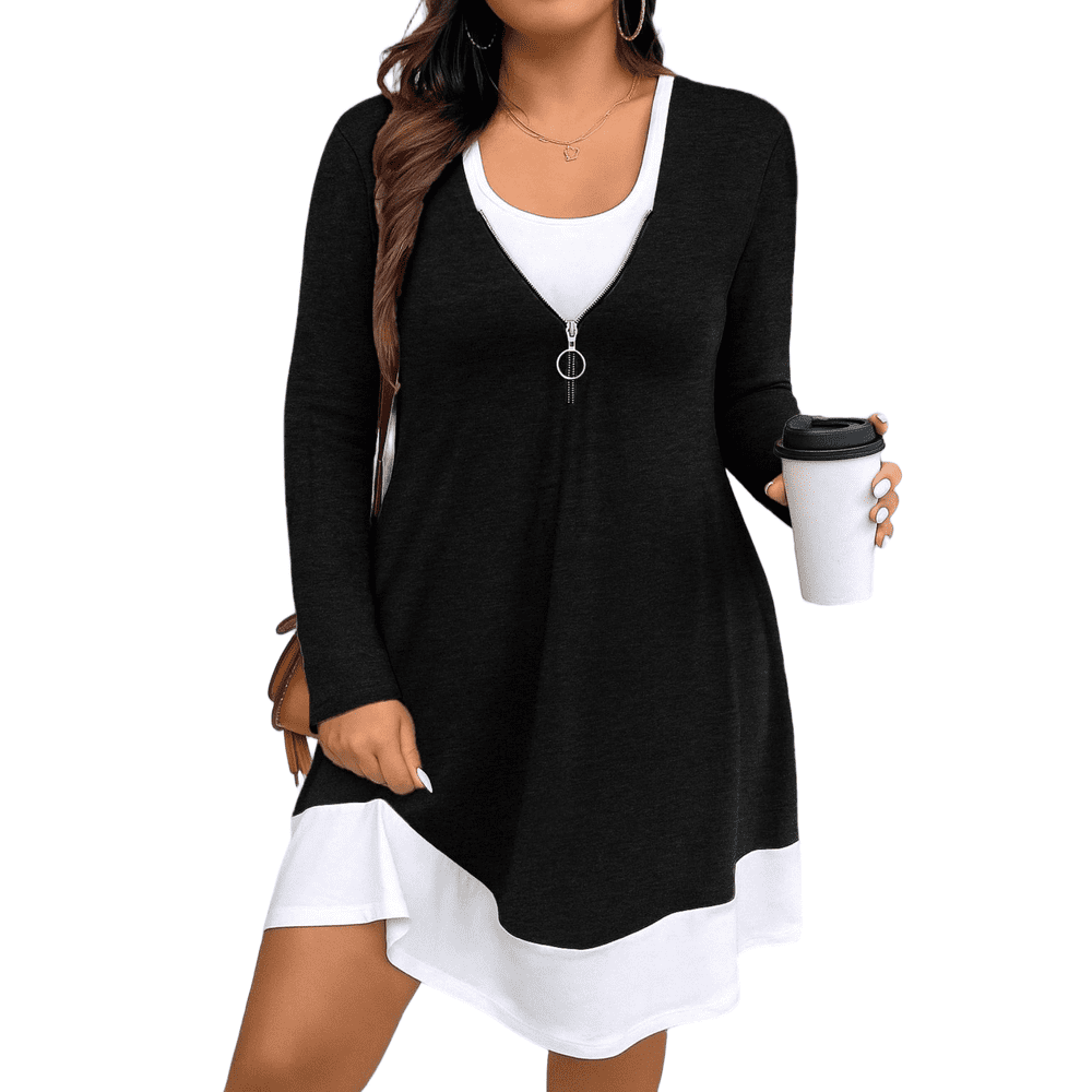 Cuteduck Plus Size Women's Long Sleeve V-Neck Zipper Dress 1X-5X: $16.79