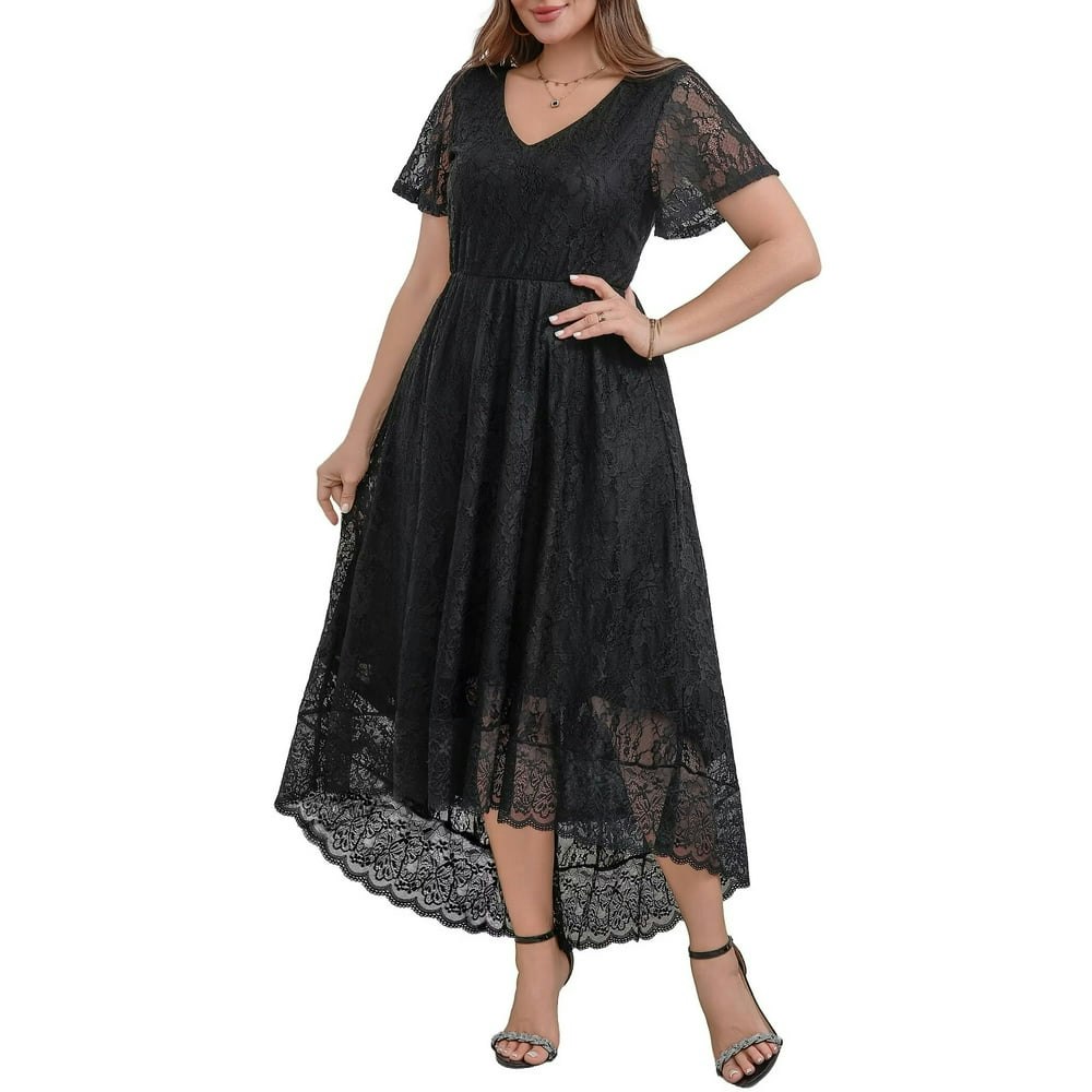 Folunsi V-Neck Flutter Sleeve Lace Evening Gown 2XL: $37.39