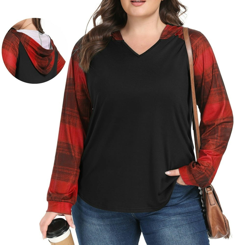 Gleelist Plus Size Women's V-Neck Long Sleeve Hooded Grid Shirt (1X-5X): $14.78