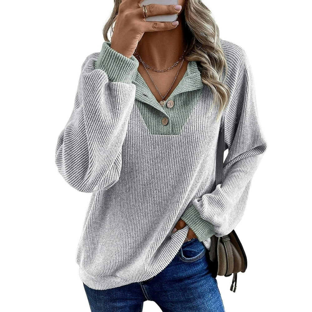 Shewin Women's Ribbed Button-Up V-Neck Sweatshirt: $18.91