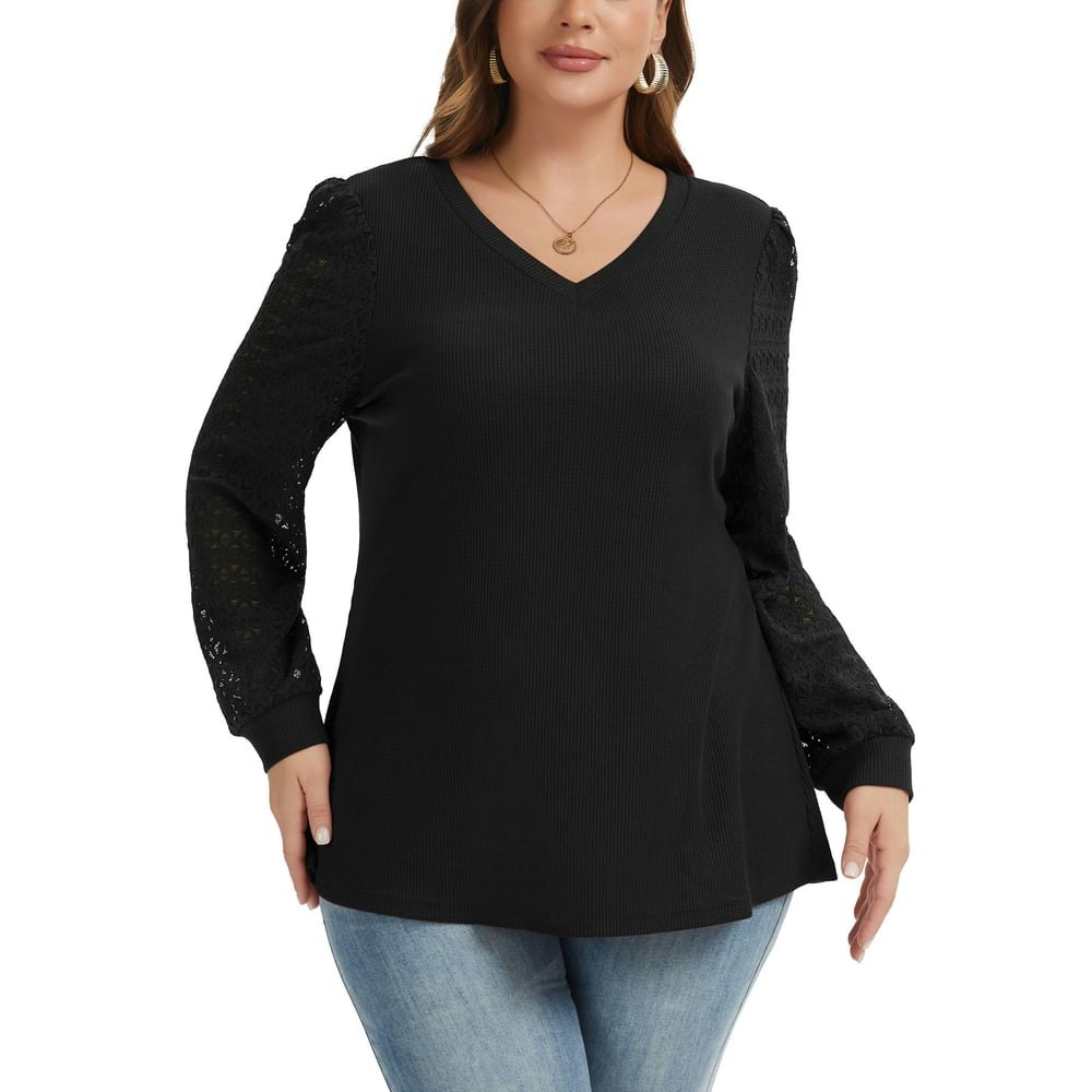 Daystry Women's Plus Size Lace Long Sleeve V-Neck Tunic Blouse: $12.68