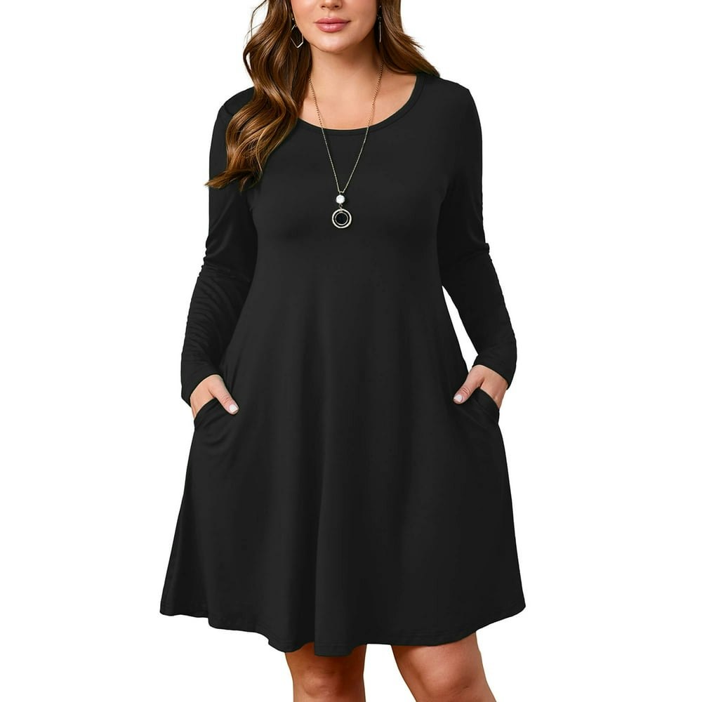 Showmall Women's Plus Size Long Sleeve Swing Dress with Pockets Black 3X: $15.77