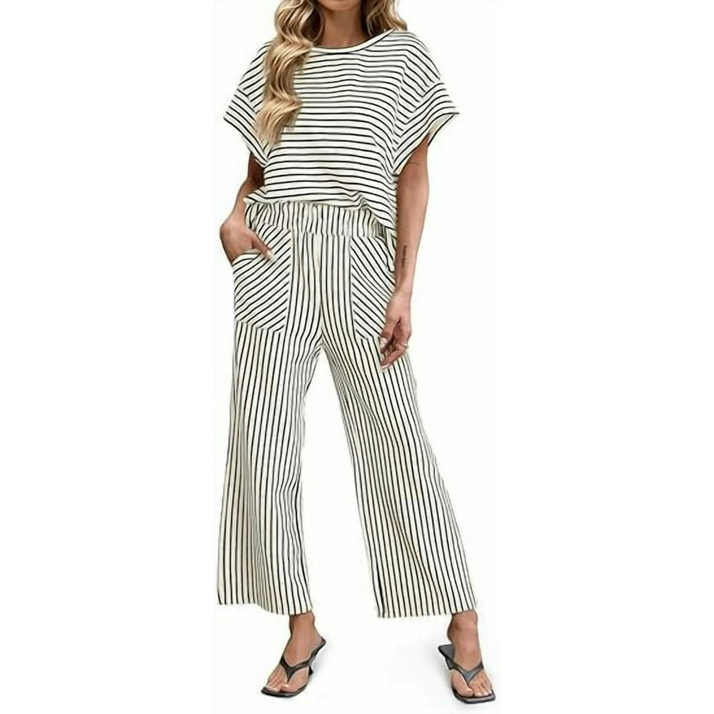 Uzmog Women's Striped 2-Piece Lounge Set with Wide-Leg Pants and Pockets: $23.89