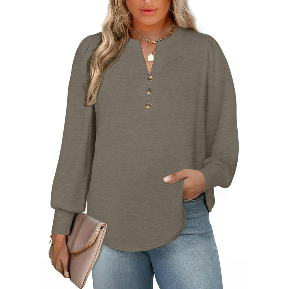 Shewin Women's Plus Size V-Neck Henley Sweatshirt 1X: $18.89