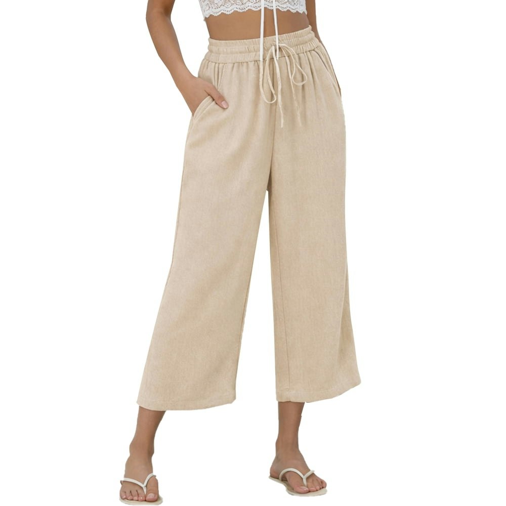 Temofon Women's Linen Wide Leg Capri Pants with Pockets Size L: $16.78