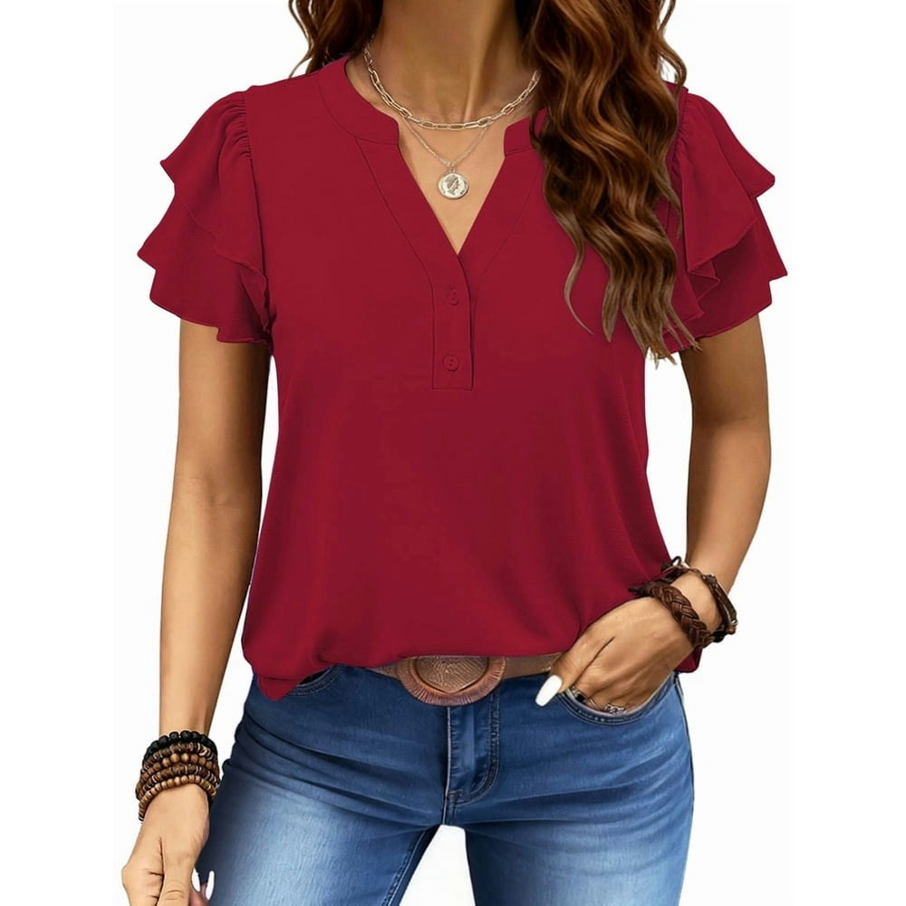 UVN Women's Ruffle V-Neck Button-Down Blouse: $13.85