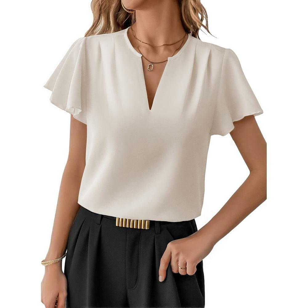 Shewin Women's V-Neck Flowy Short Sleeve Blouse: $14.61
