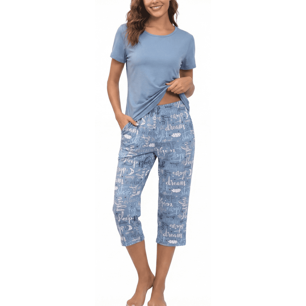 Women's 2-Piece Pajama Set Short Sleeve Top and Capri Pants with Pockets: $18.29