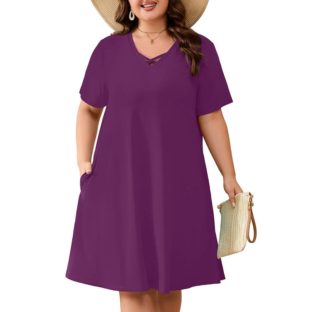 Showmall Plus Size Short Sleeve Summer Dress with Pockets Purple 3X: $14.95