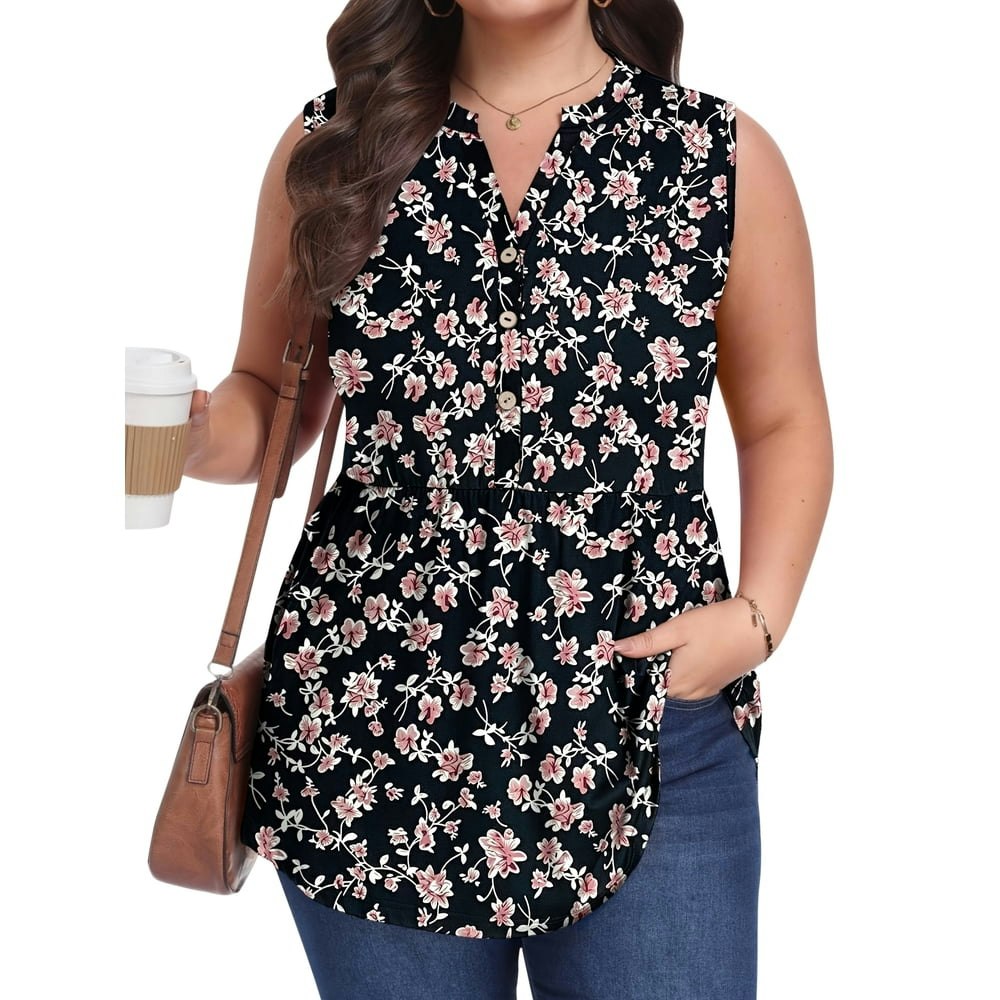 OutfitShow Plus Size Women's Pleated Sleeveless V Neck Button Blouse: $14.89