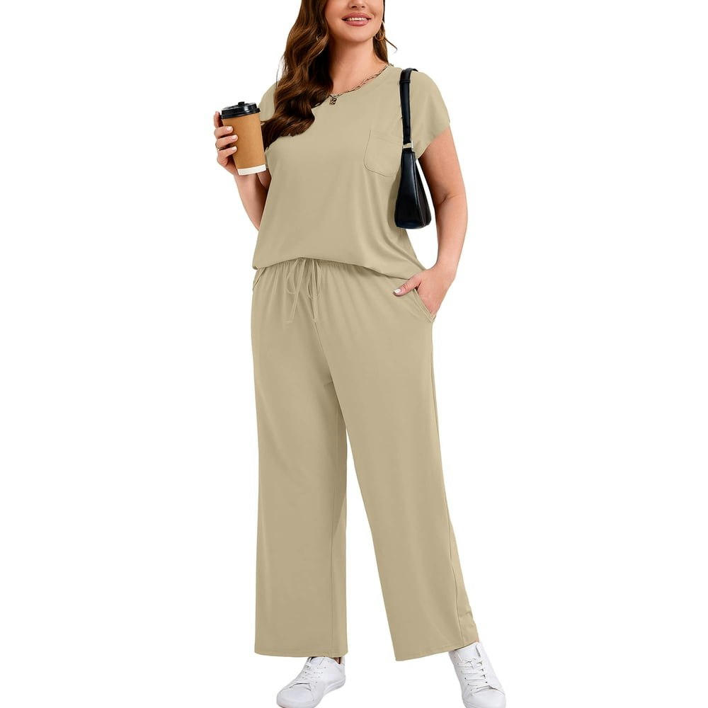 Showmall Women's Two-Piece Short Sleeve Shirt and Wide Leg Pants Set: $19.94