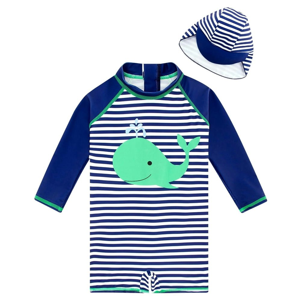 Baby Boys One-Piece Long Sleeve UPF 50+ Rash Guard Swimsuit with Sun Hat 3-24 Months: $14.04