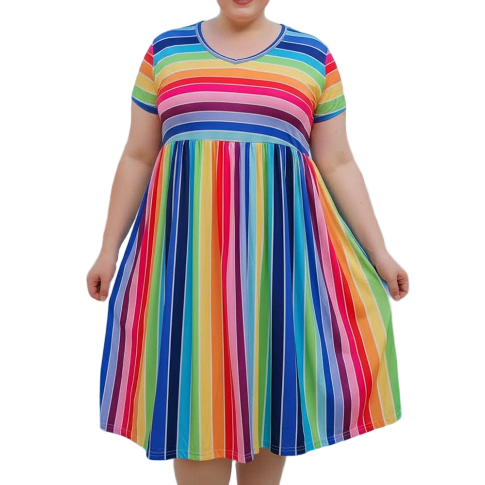 Cuteduck Plus Size Rainbow Striped V-Neck Dress with Pockets 1X-5X: $17.99