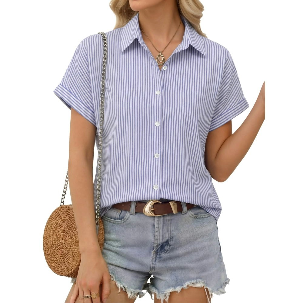 Moyiko Women's Striped Short Sleeve Button-Down Shirt: $12.98