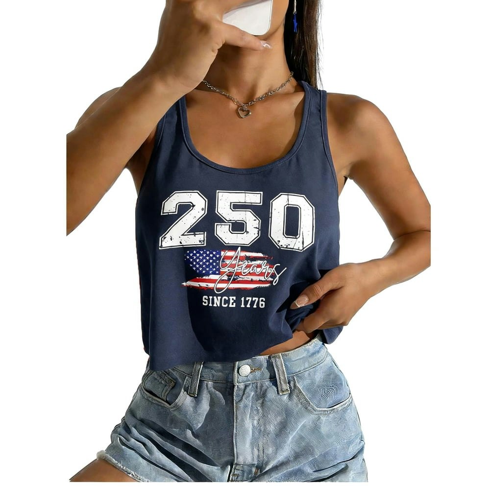 KimSoong Women's 4th of July Patriotic Crop Tank Top: $13.88