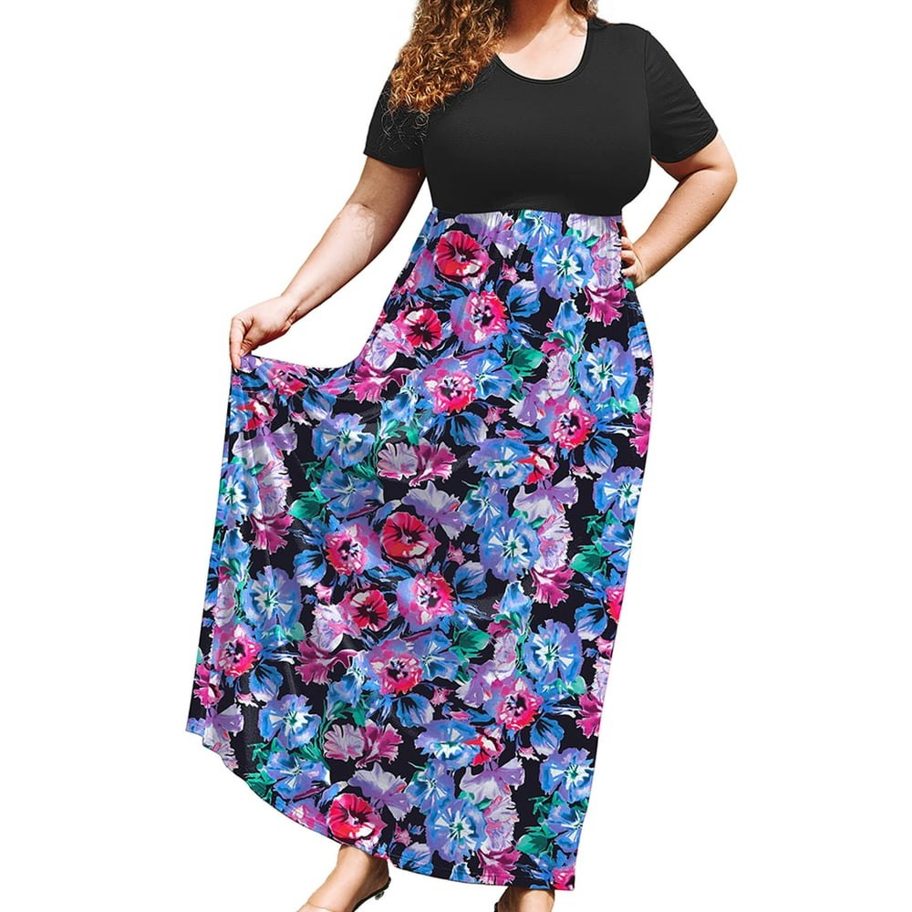 Showmall Women's Plus Size Floral Maxi Dress with Pockets 3X: $16.87
