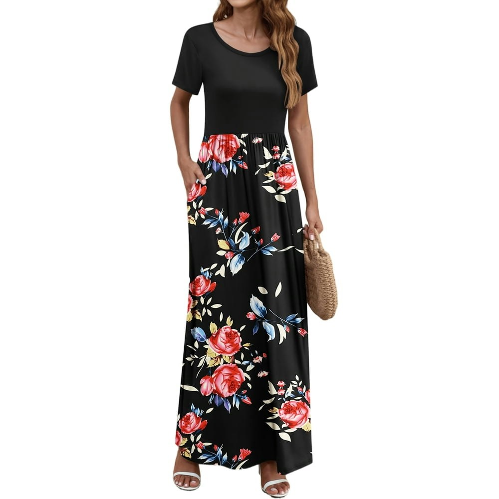 Outfitshow Women's Short Sleeve Color Block Maxi Dress with Pockets: $18.89