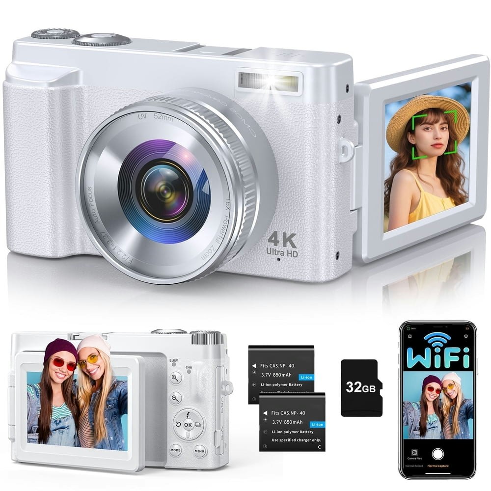 4K Compact Digital Camera with Flip Screen 2 Batteries and SD Card: $53.09