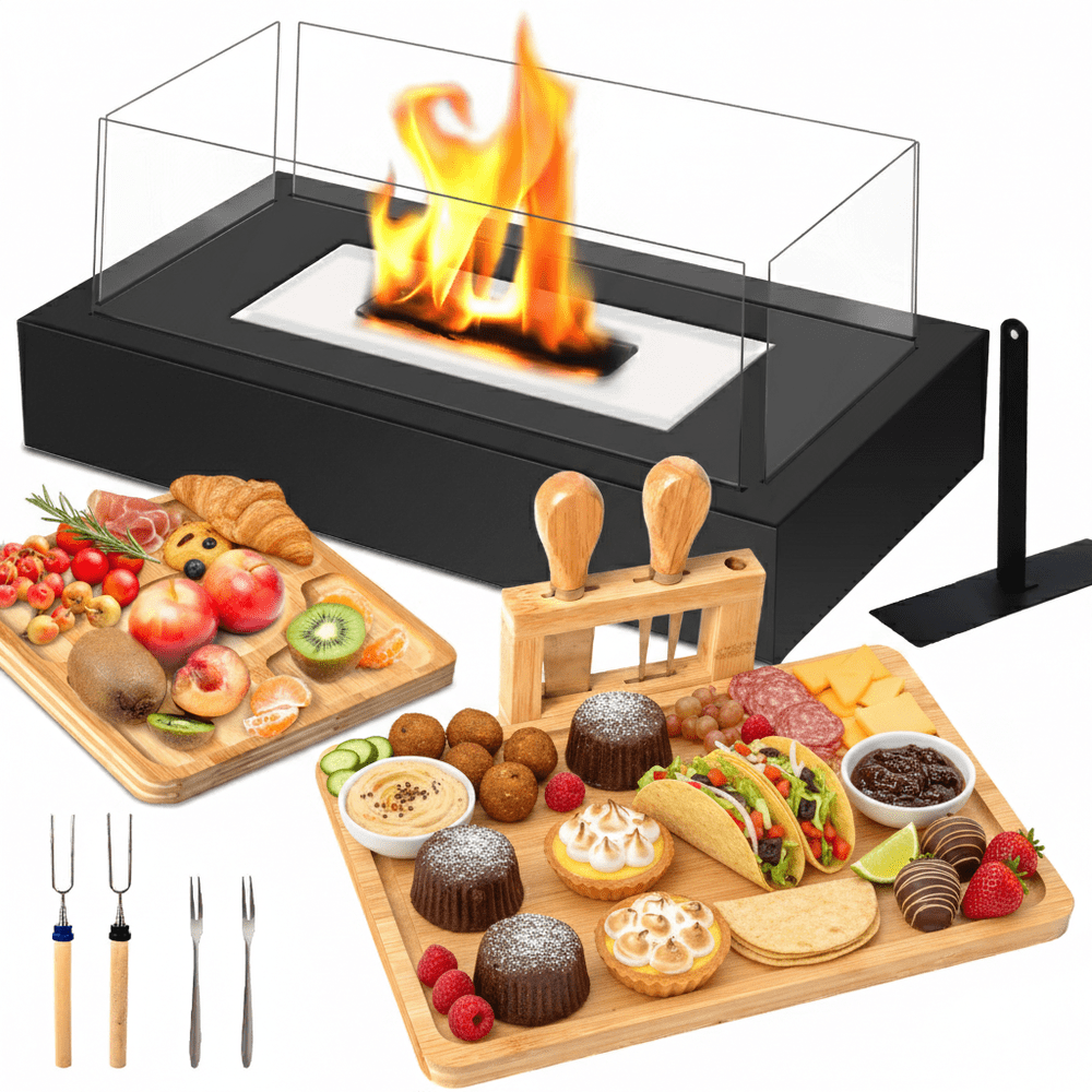 Indoor and Outdoor Tabletop Fire Pit Smores Maker Kit with Charcuterie Boards: $29.99