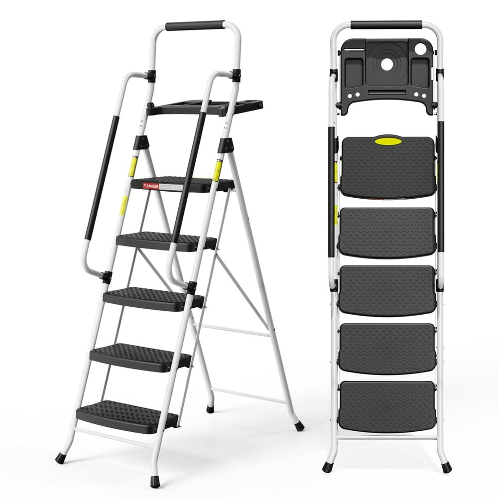 HBTower Folding 5-Step Ladder with Handrails and Tool Tray: $89.99