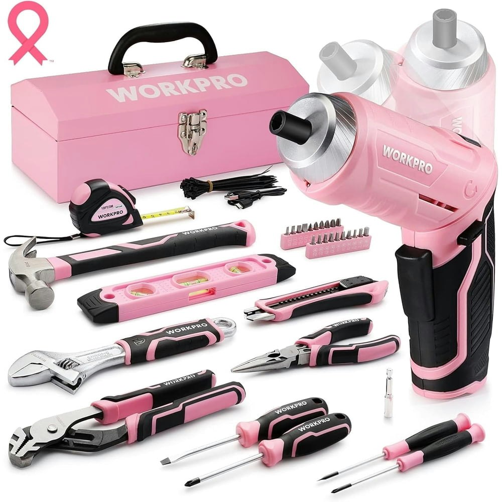 WORKPRO 75-Piece Pink Tool Set with Cordless Screwdriver and Steel Toolbox: $48.59