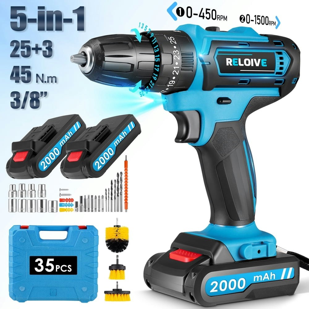 Reloive 21V Cordless Drill Set with 2 2.0Ah Batteries and Charger 35-Piece Bit Set: $38.96 Reloive 21V Cordless Drill Set with 2 2.0Ah Batteries and Charger 35-Piece Bit Set: $38.96