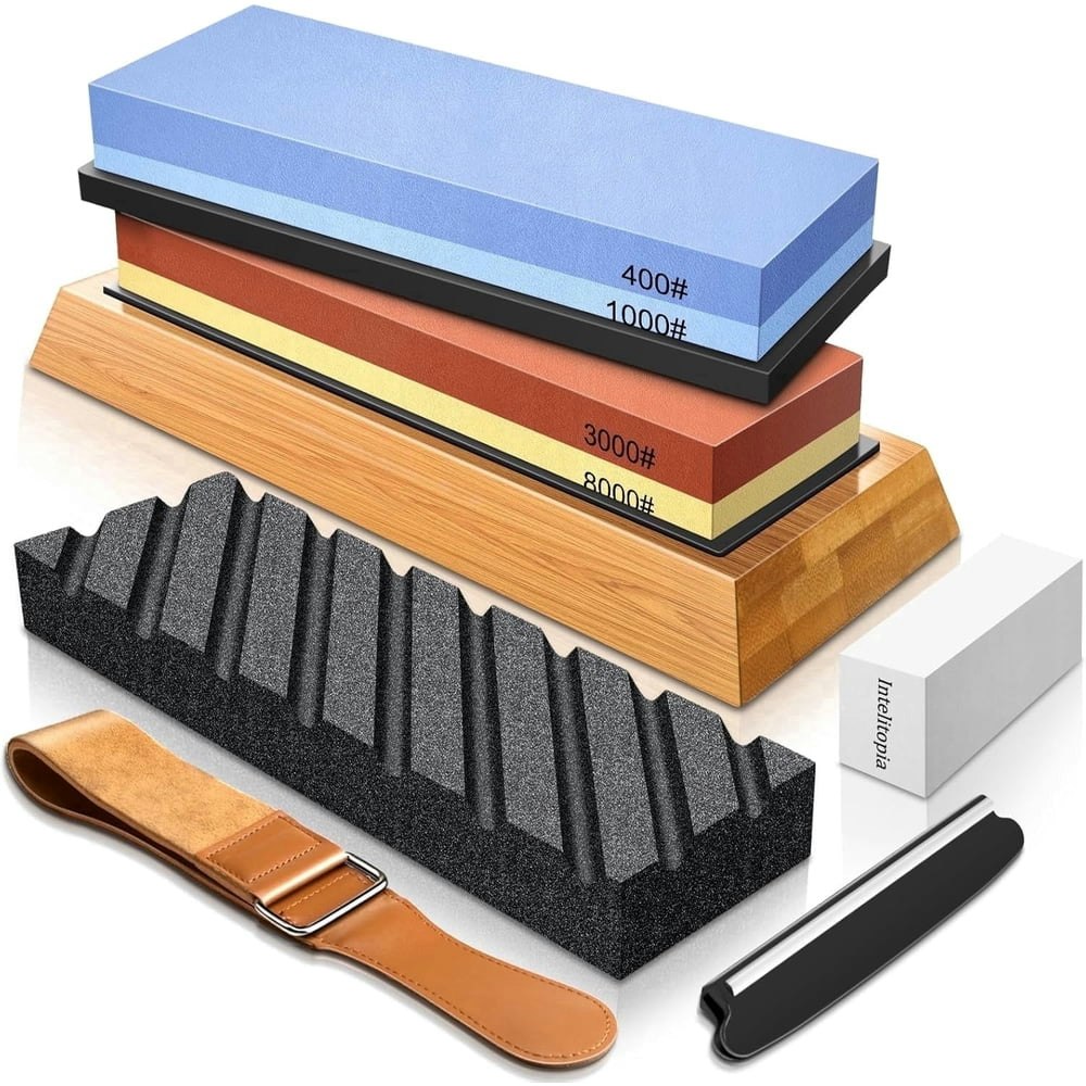 Knife Sharpening Stone Set 400/1000 and 3000/8000 Grit Whetstone with Leather Strop and Bamboo Base: $25.48