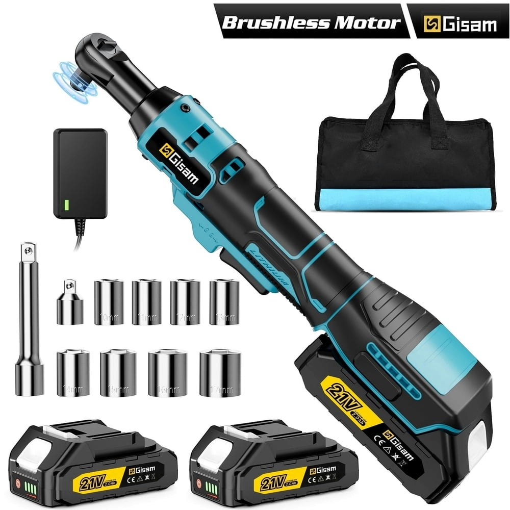Gisam 3/8" Cordless Ratchet Wrench Set with 2 Batteries and 8 Sockets: $48.59