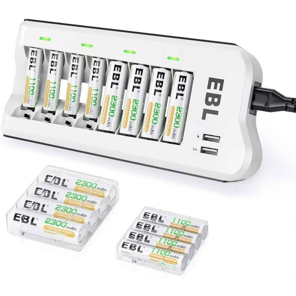 EBL AA 2300mAh 8-Pack and AAA 1100mAh 8-Pack Ni-MH Rechargeable Batteries and Battery Charger with 2 USB Ports: $22.94