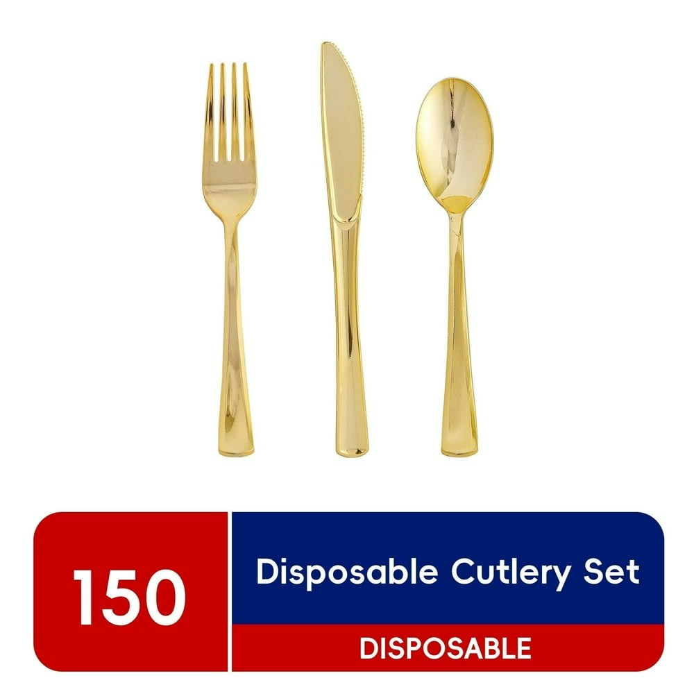 Jolly Chef Gold Plastic Silverware Set 150-Count (50 Forks 50 Knives 50 Spoons): $17.93