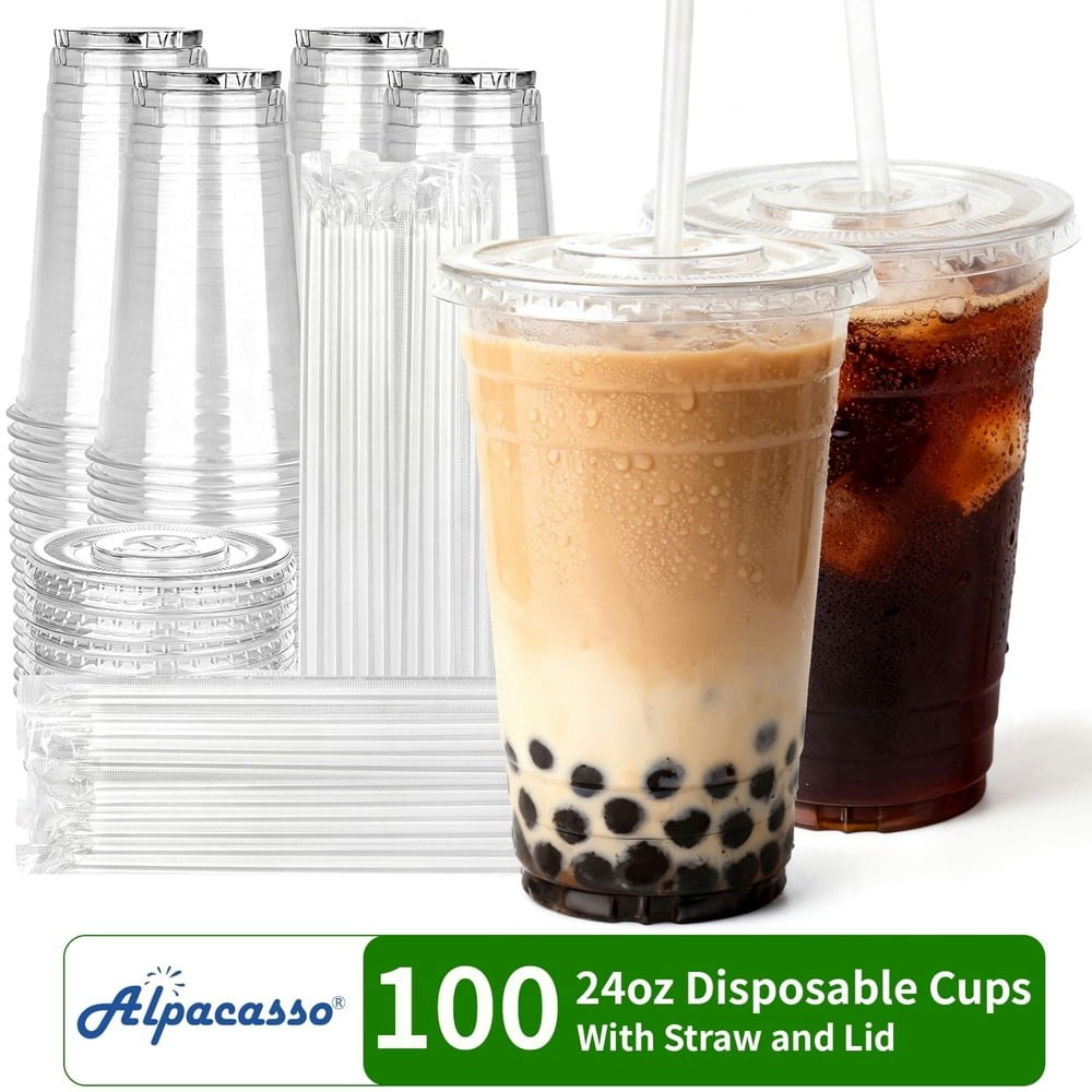 100 Pack 24 oz Clear Plastic Cups with Lids and Straws: $23.99 100 Pack 24 oz Clear Plastic Cups with Lids and Straws: $23.99