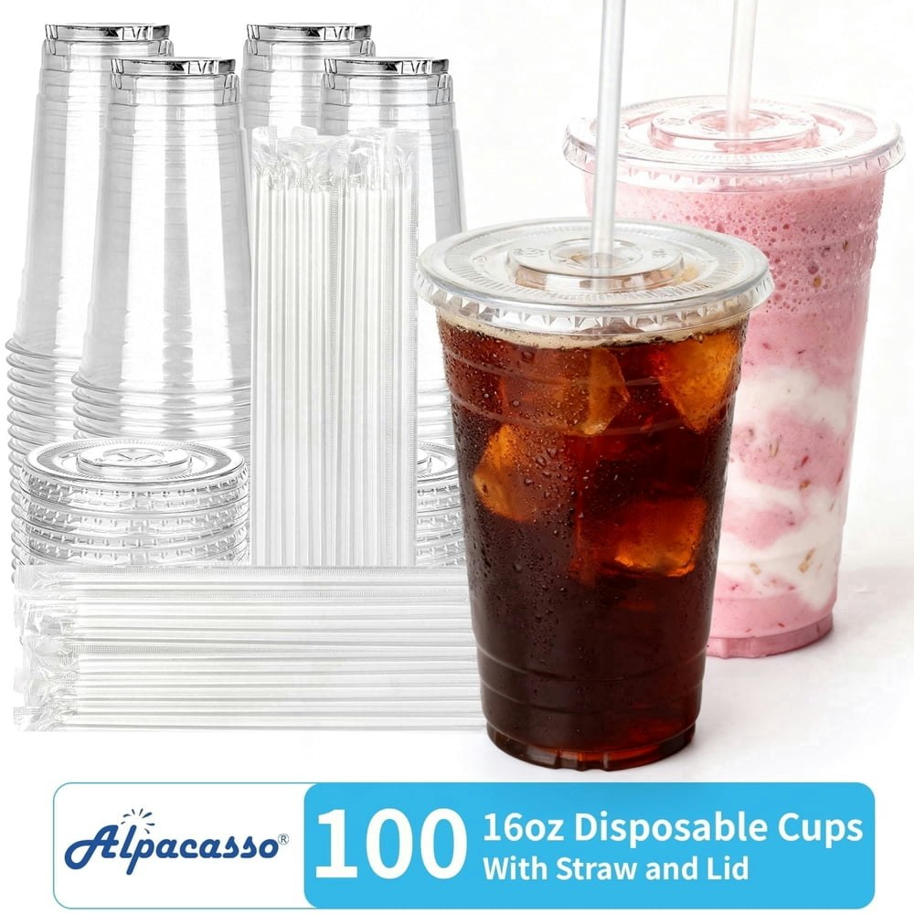16 oz Clear Plastic Cups with Lids and Straws 100-Pack: $19.99 16 oz Clear Plastic Cups with Lids and Straws 100-Pack: $19.99