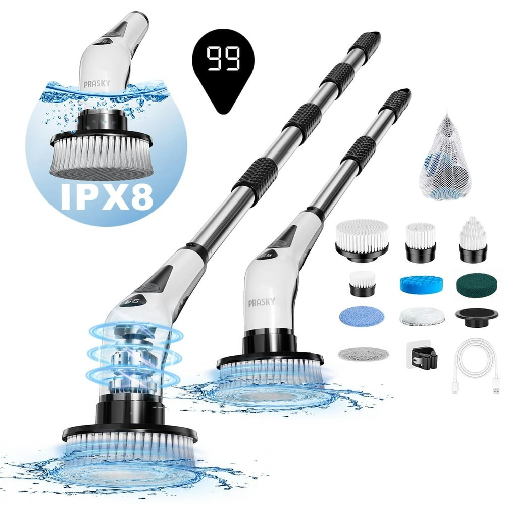 Prasky Electric Spin Scrubber with 9 Brush Heads and Retractable Handle: $24.29