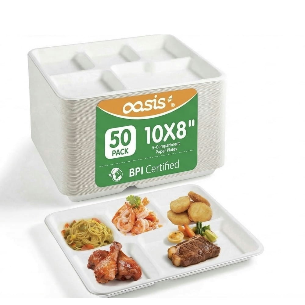 OasisSN 5-Compartment Compostable Plates 50-Pack: $17.99