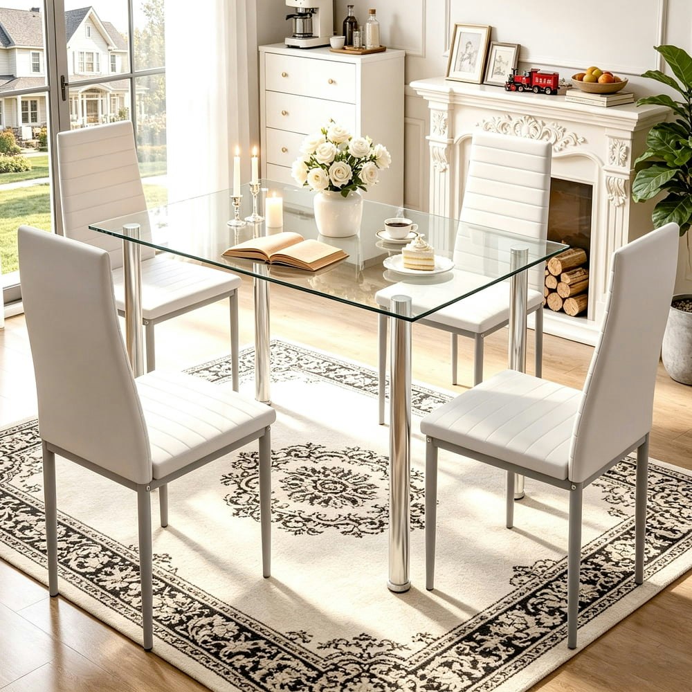 Uhomepro 5-Piece Tempered Glass Dining Table Set with 4 Chairs: $178.99 Uhomepro 5-Piece Tempered Glass Dining Table Set with 4 Chairs: $178.99