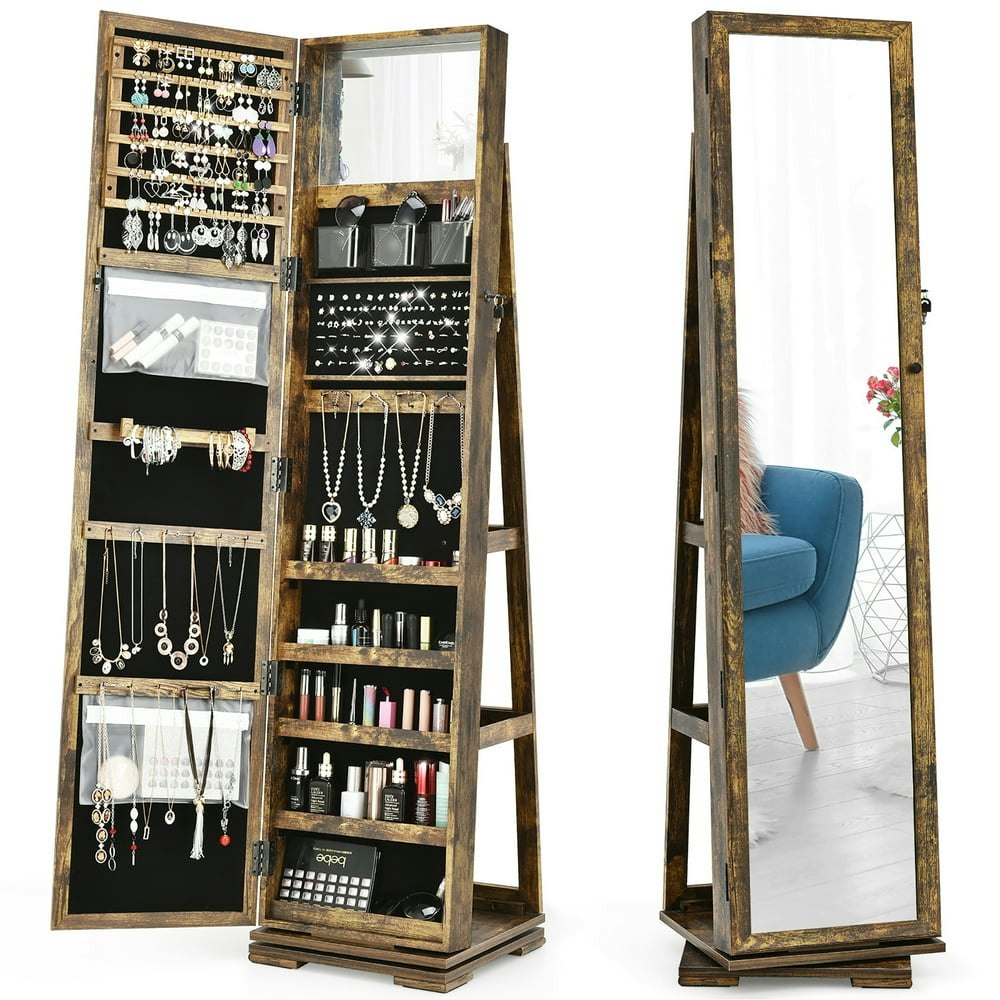 Costway 360-Degree Rotating Lockable Mirrored Jewelry Cabinet Armoire: $128.99