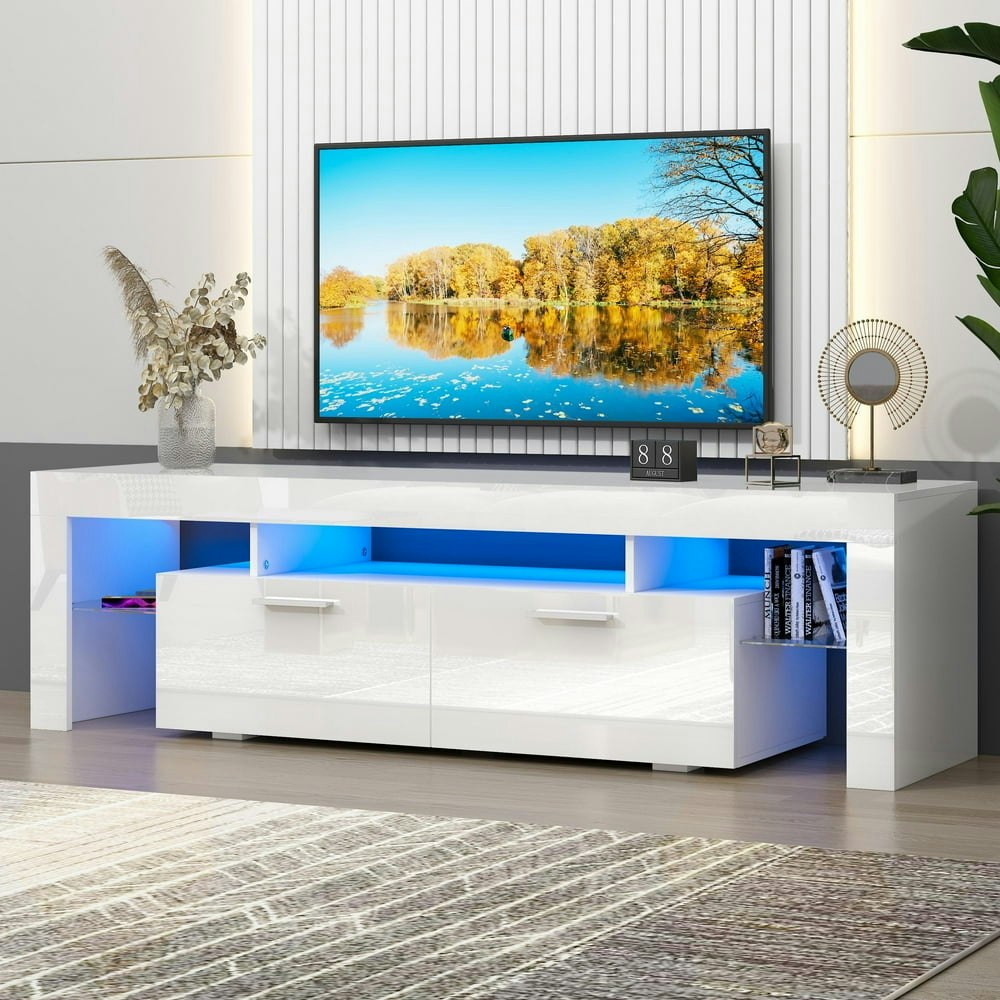 Uhomepro High Gloss TV Stand for TVs up to 70" with LED Lights and Storage Shelves: $108.88