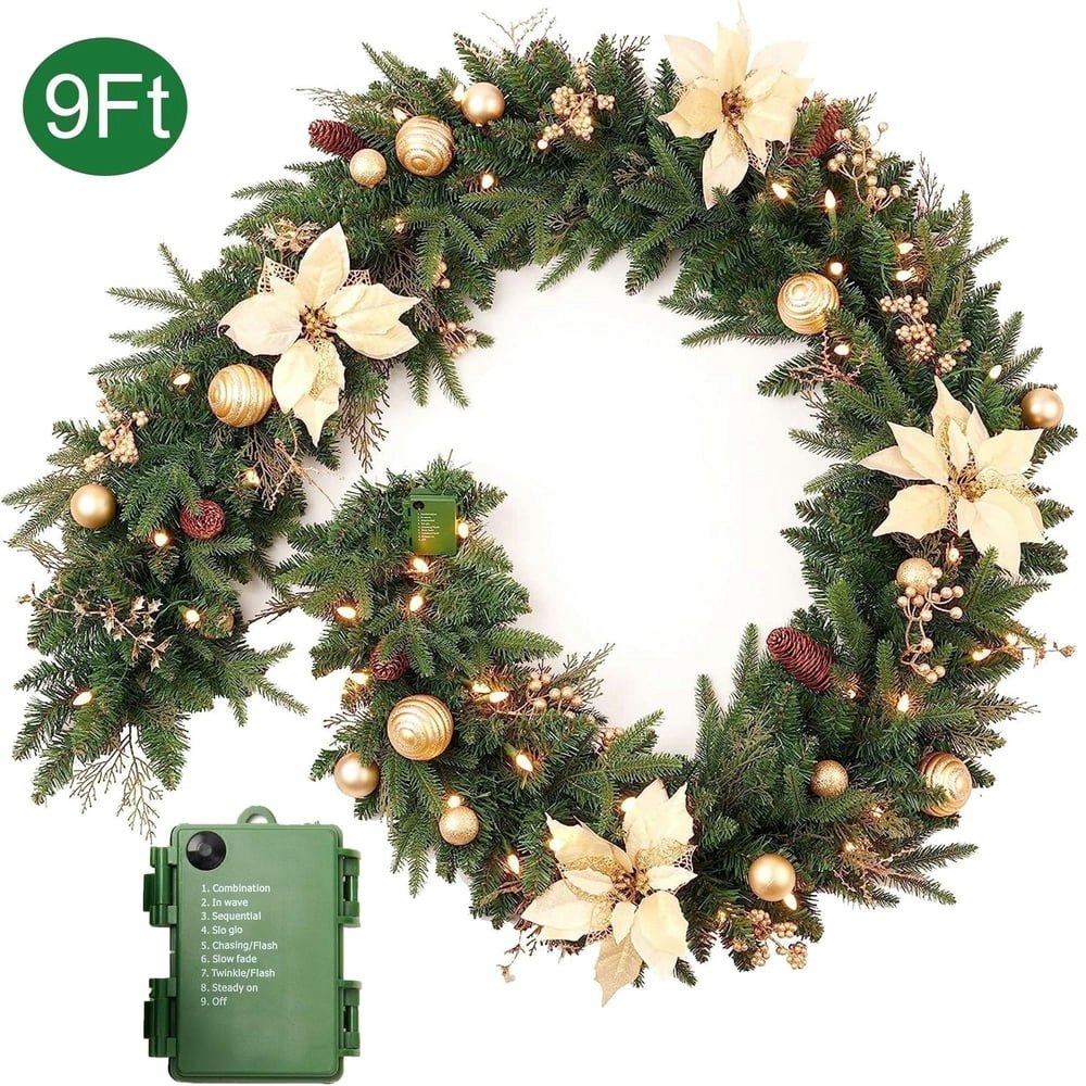 9-Foot Pre-Lit Christmas Garland with 50 LED Lights Battery Operated 260 Tips: $18.75