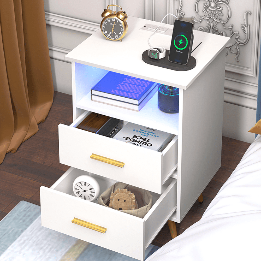 Uhomepro White Nightstand with Charging Station and LED Lights: $46.56