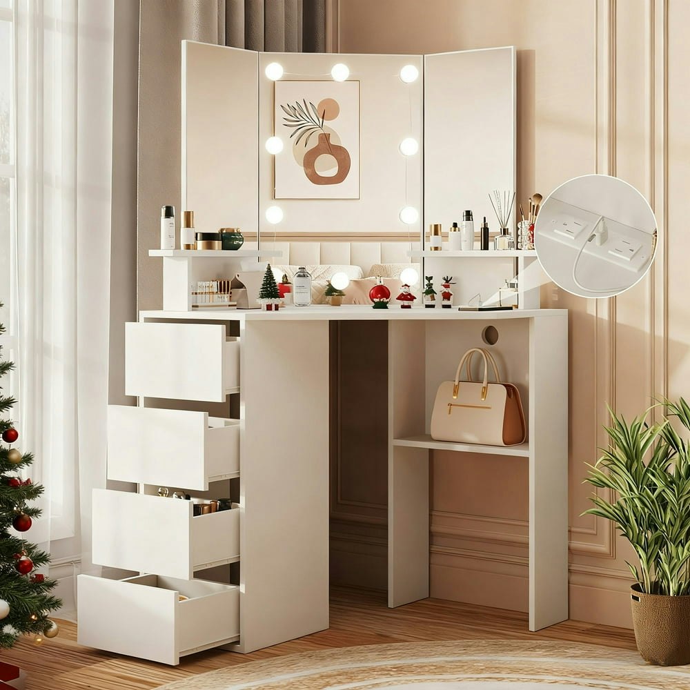 Veanerwood Corner Vanity Desk with Mirror and Light 4-Drawer Charging Station: $139.99 Veanerwood Corner Vanity Desk with Mirror and Light 4-Drawer Charging Station: $139.99