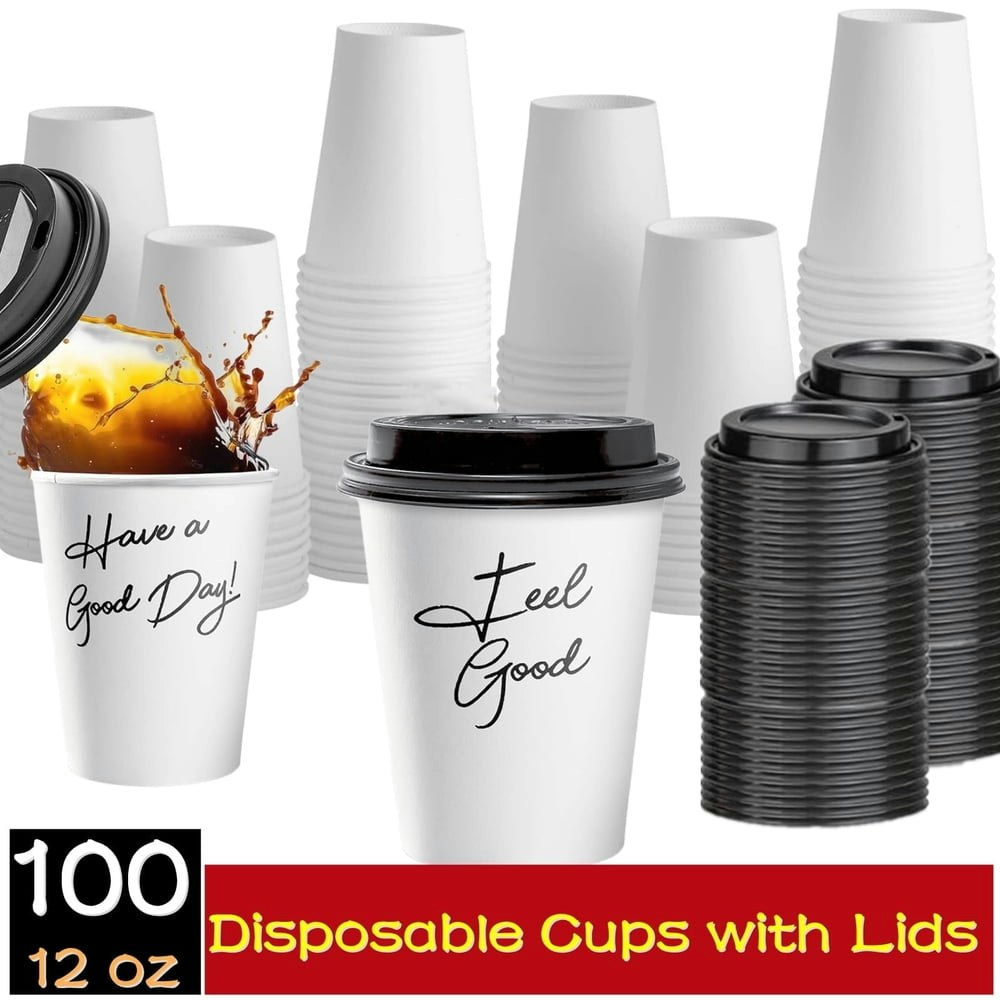 12-oz Disposable Paper Coffee Cups with Lids 100-Pack: $24.29 12-oz Disposable Paper Coffee Cups with Lids 100-Pack: $24.29