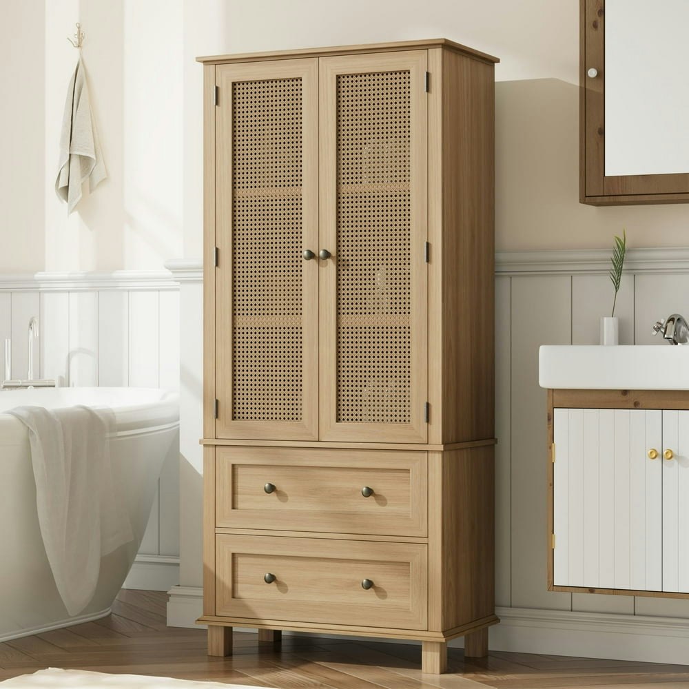 Homfa Bathroom Storage Cabinet with Rattan Doors 2-Drawer Oak: $179.98