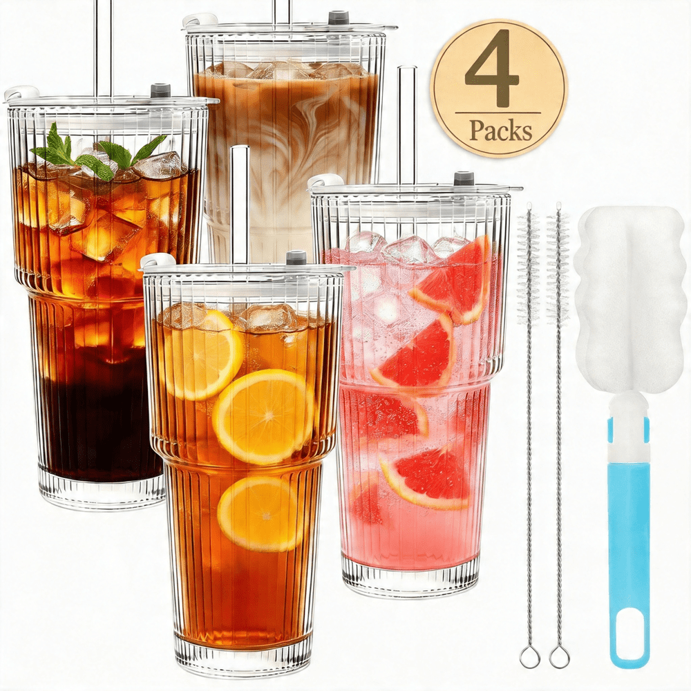 Taimasi Ribbed 20oz Glass Tumbler with Lids and Straws 4-Pack: $17.99 Taimasi Ribbed 20oz Glass Tumbler with Lids and Straws 4-Pack: $17.99
