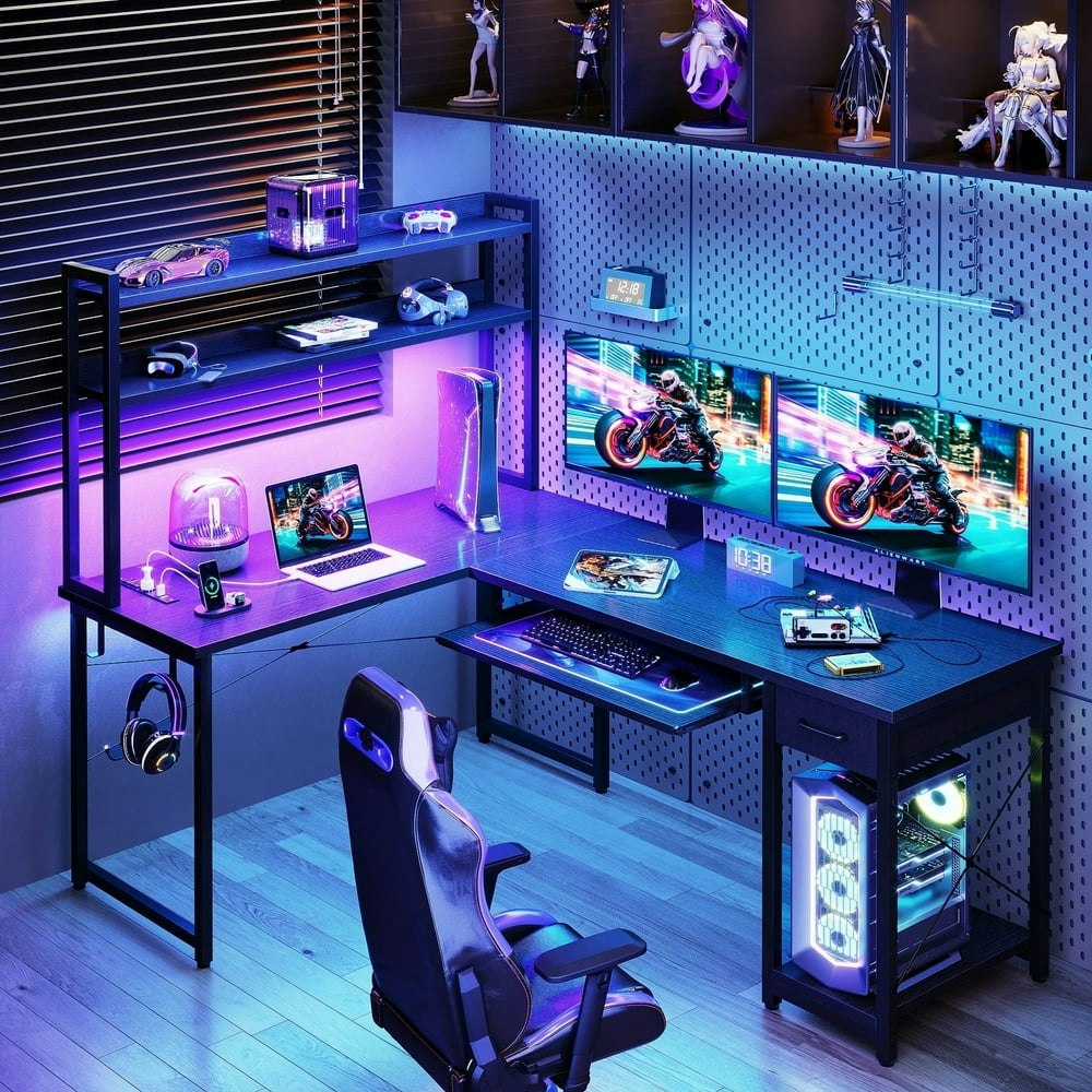 59" Reversible L-Shaped Gaming Desk with Power Outlets and LED Lights: $87.99