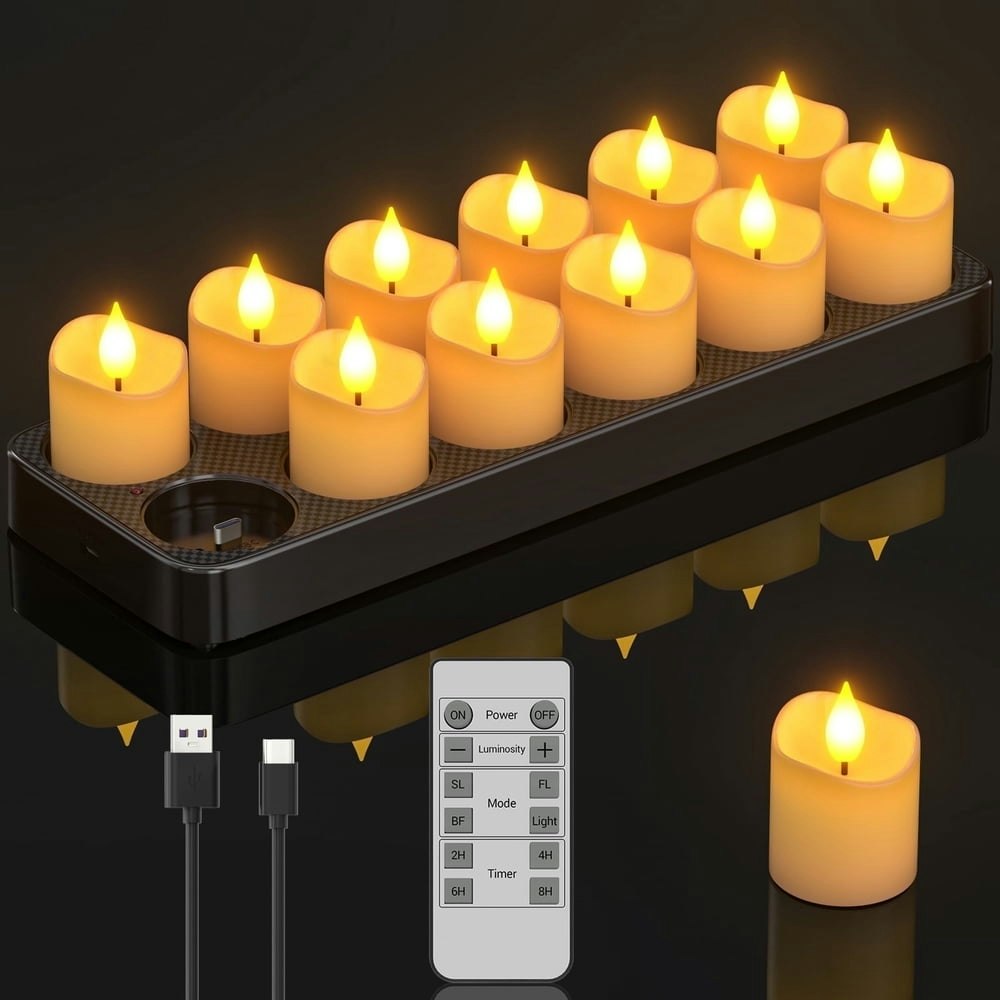 PChero 12-Piece Rechargeable Flameless LED Votive Candles with Remote Timer and Charging Base: $35.99 PChero 12-Piece Rechargeable Flameless LED Votive Candles with Remote Timer and Charging Base: $35.99