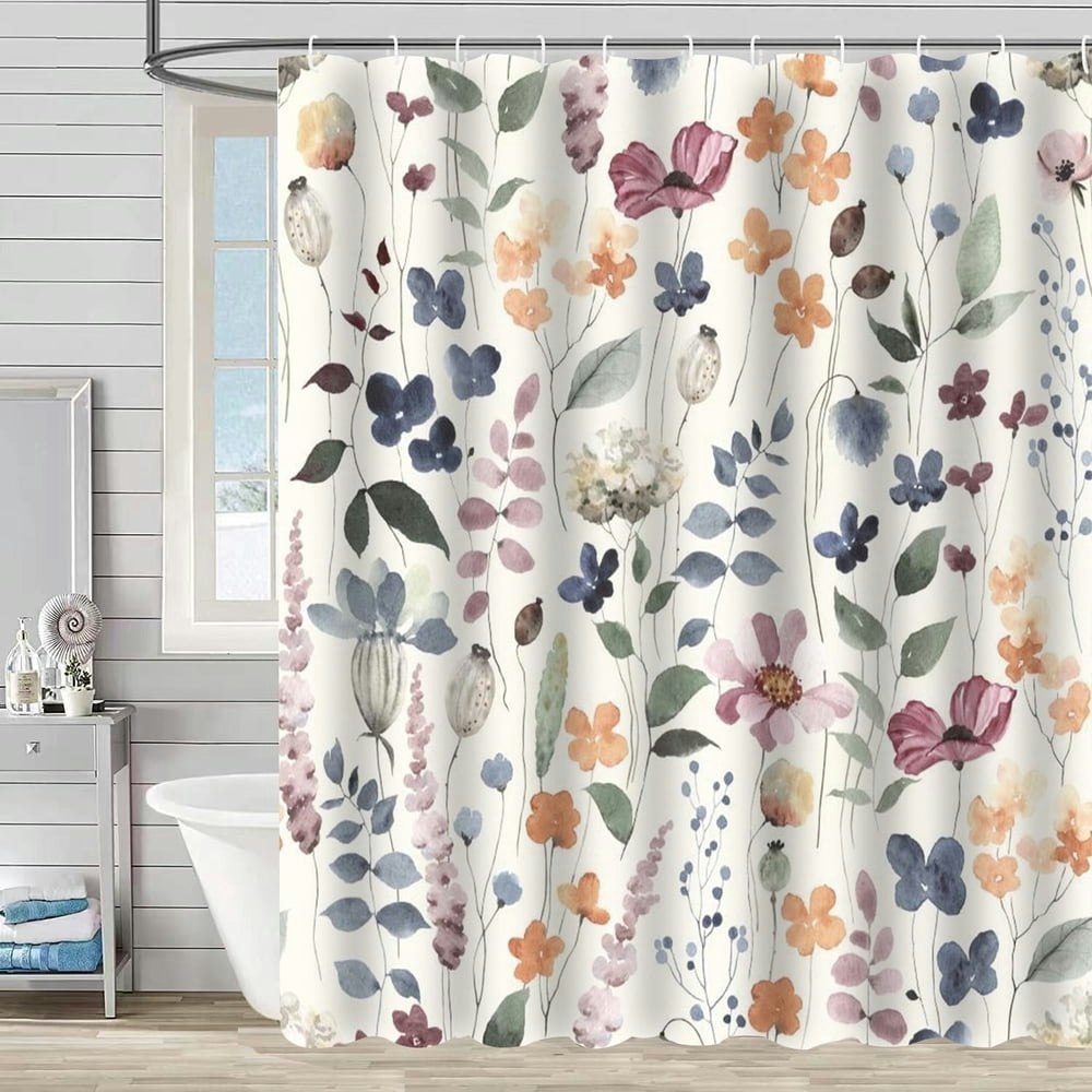 Bevtee Ink Floral Fabric Shower Curtain with 12 Hooks 72” x 72”: $14.39