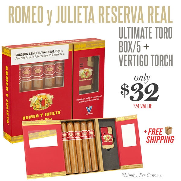 Romeo y Julieta Reserva Real Ultimate Toro 5-Cigar Box + Vertigo Torch: $32