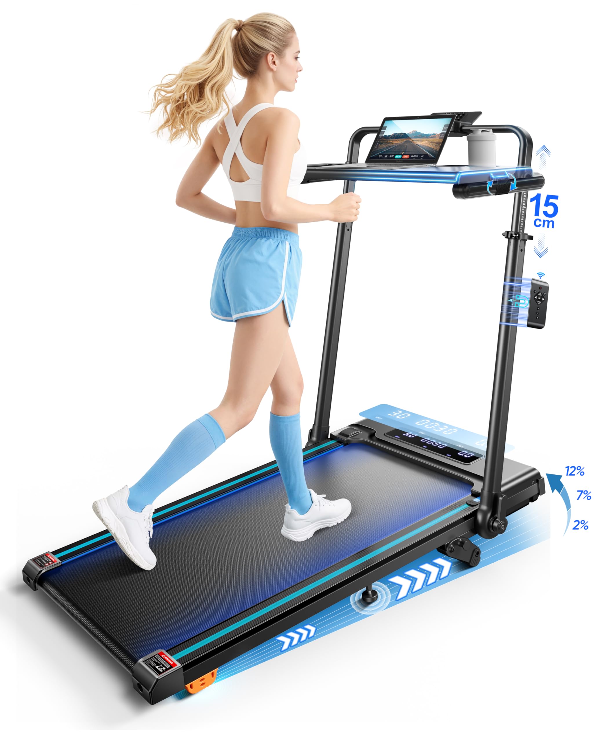 RUNIMON 3.0HP Foldable Walking Pad Treadmill w/ Incline & Removable Desk