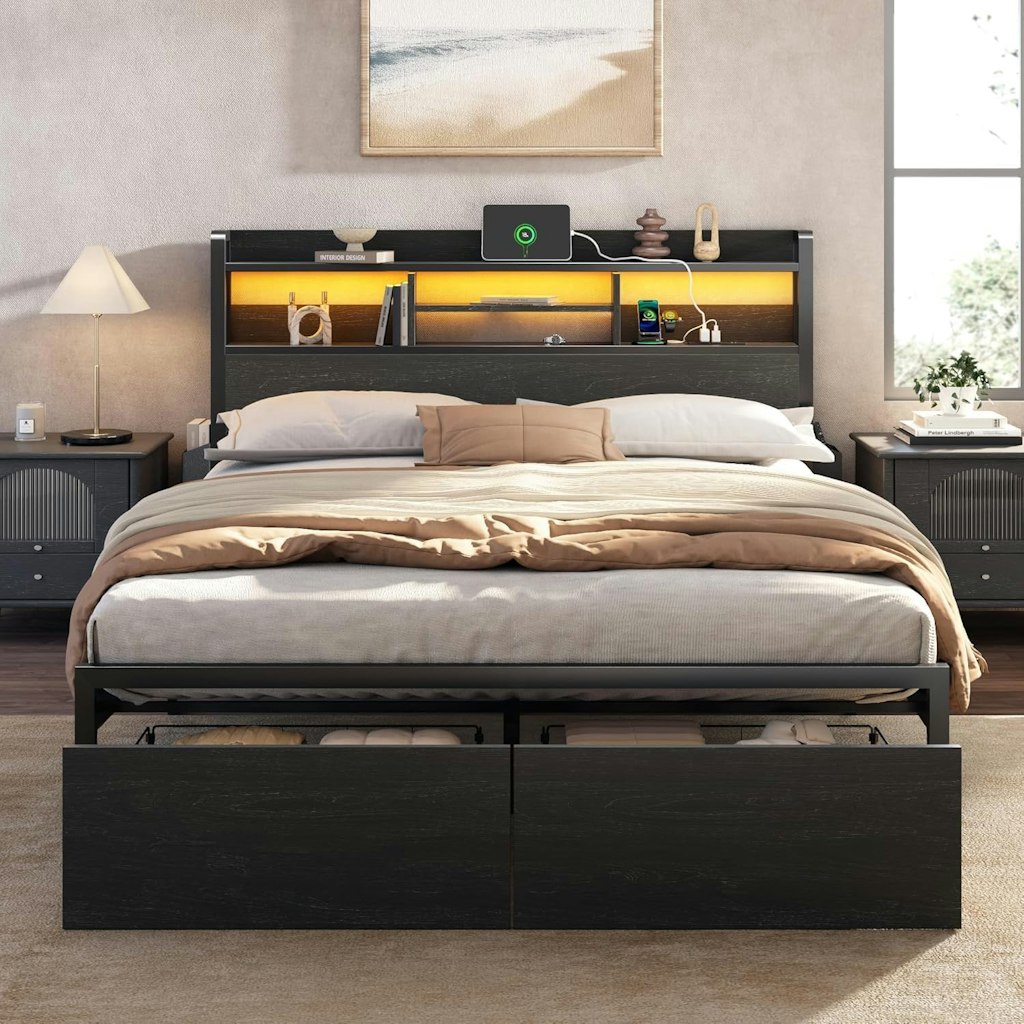 Furnulem Full Bed Frame with Wood Headboard and 2 Storage Drawers: $128.99